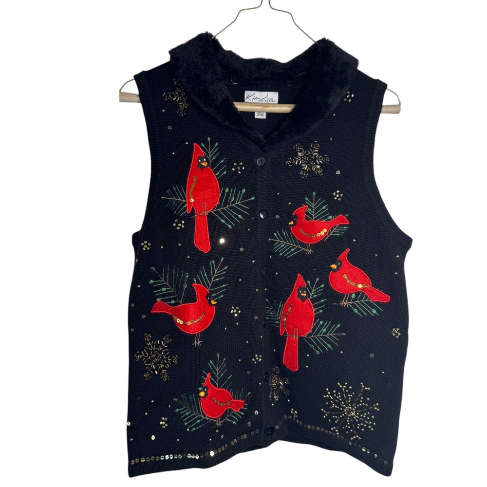 Kim Rogers Black Cardinal Sweater Vest Womens Petite M Beaded Faux Fur Christmas - Picture 12 of 13